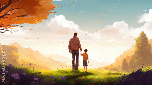 Father�s Day Illustration. Beautiful Springtime Illustration with Father and Child. photo