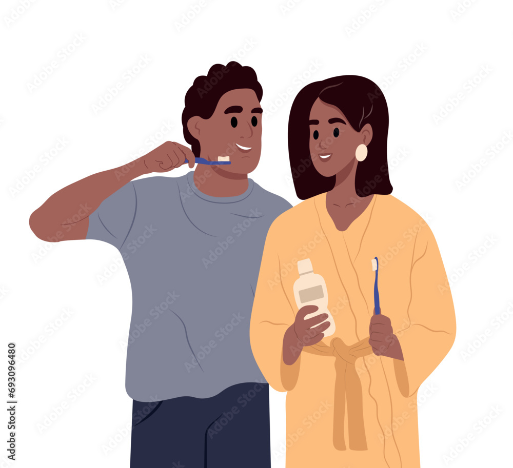 Fototapeta premium African man, woman taking care of oral health or brushing teeth. Black couple in the bathroom.