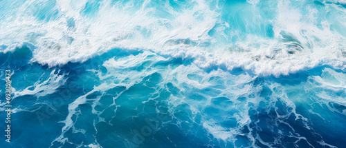 An aerial view of seascape. Top down.Ocean wave on coastline. Panoramic turquoise wallpaper.  Generative ai © Inai