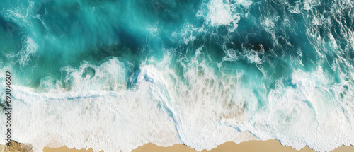 An aerial view of seascape. Top down.Ocean wave on coastline. Panoramic nature wallpaper. Generative ai