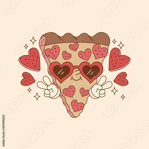 cute illustration of pizza with pepperoni wearing a heart glasses 