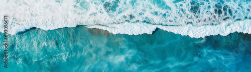 An aerial view of seascape. Top down.Ocean wave on coastline. Panoramic nature wallpaper.  Generative ai © Inai