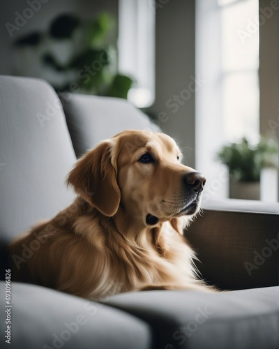 portrait of a golden retriever sitting on a cosy and comfortable grey sofa 