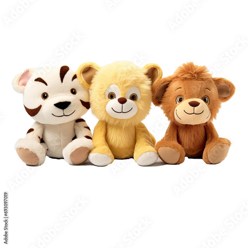 cutout set of 3 stuffed animal toys isolated on transparent background