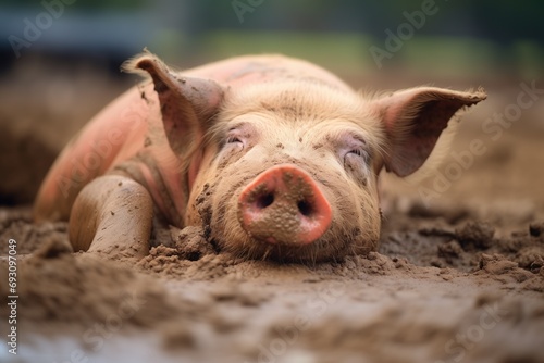 pig wallowing in mud with eyes closed photo