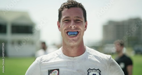 Rugby, man and face in mouthguard for sports game, field and happy player with fitness in stadium. Athlete, pride and portrait for competition training in practice and confident professional in club photo