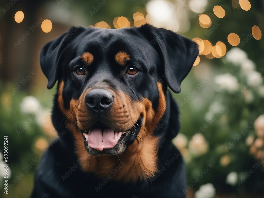 portrait of a rottweiler at garden of house
