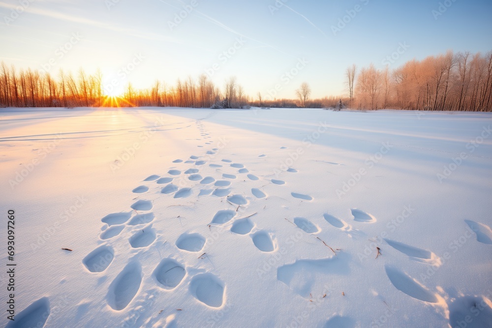 patchwork of rabbit tracks in fresh snow - obrazy, fototapety, plakaty 