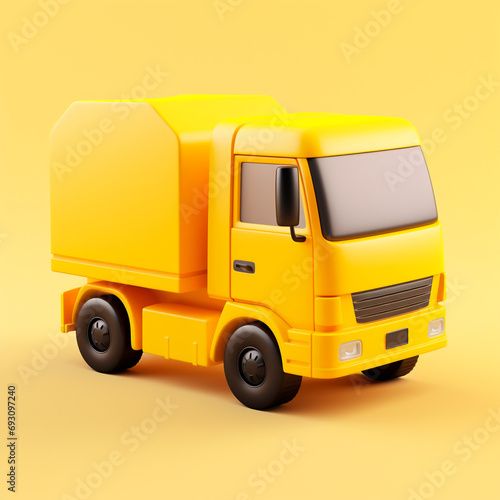Huge yellow delivery truck, yellow background. Stylized, cartoony, fun 3D model. Transportation, heavy cargo, van, truck, trailer.