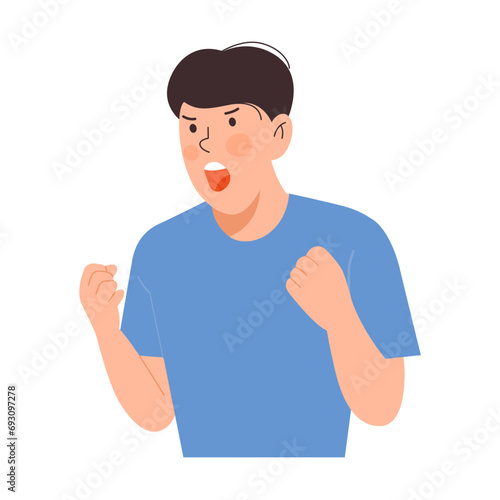 Angry young man screams in anger. Outburst of hot temper with aggression, displeasure with facial expressions. Flat vector illustration.