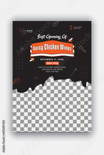 Chicken wings flyer design template for restaurant, delicious food menu discount poster or grand opening of A4 size brochure with orange color shape and black background