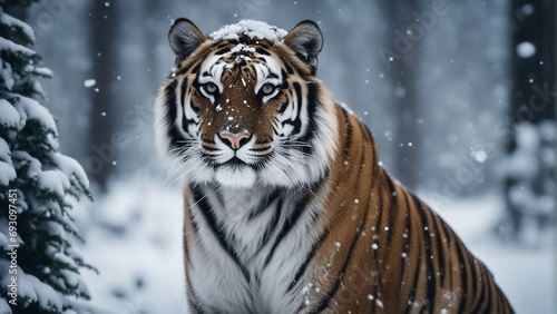 portrait of a tiger at forest  heavy snow fall