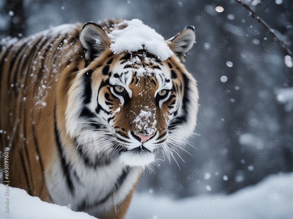 Obraz premium portrait of a tiger at forest, heavy snow fall