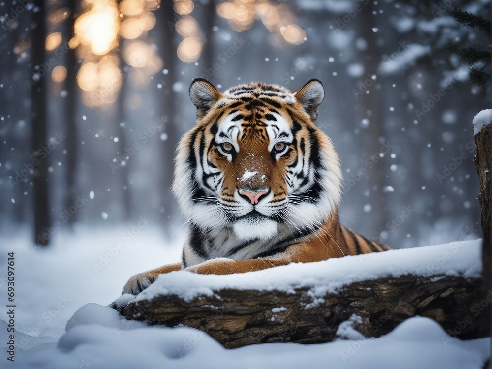 Obraz premium portrait of a tiger at forest, heavy snow fall