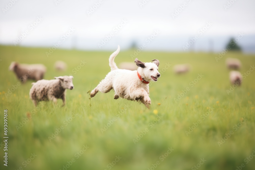 mid-run action shot of dog chasing sheep mid-run action shot of dog chasing sheep