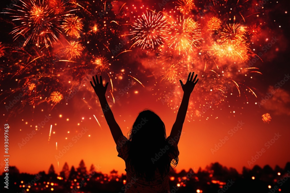 silhouette of a girl enjoying fireworks over city, dark night and bright red sky silhouette of a girl enjoying fireworks over city, dark night and bright red sky