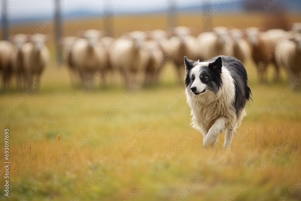 herding dog pausing as sheep graze calmly