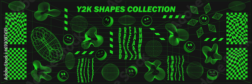 Abstract geometry wireframe shapes and patterns, cyberpunk elements, signs and perspective grids. Surreal geometric retro signs. Rave psychedelic futuristic Y2k acid aesthetic set. Vector illustration