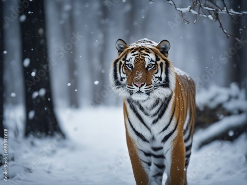 portrait of a tiger at forest  heavy snow fall