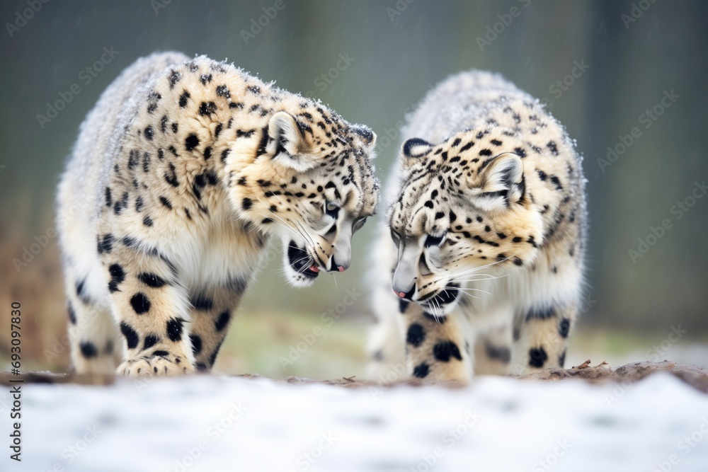 two snow leopards in a territorial face-off two snow leopards in a territorial face-off
