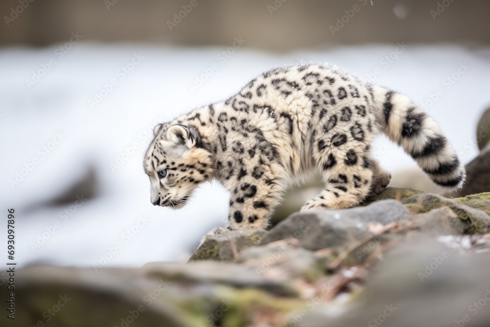 snow leopard tail swishing over icy rocks snow leopard tail swishing over icy rocks