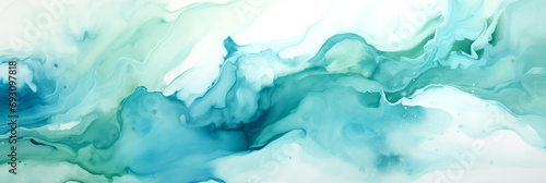 Alcohol Ink Painting, Abstract Painting In Blue And Green Tones, Ambient Turquoise Light, Flowing Aqua Silk, Blue Mist, Flowing Silk, Dynamic Pearlescent Wallpaper. Horizontal Watercolor Painting.