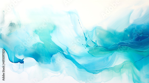 Alcohol Ink Painting, Abstract Painting In Blue And Green Tones, Ambient Turquoise Light, Flowing Aqua Silk, Blue Mist, Flowing Silk, Dynamic Pearlescent Wallpaper. Horizontal Watercolor Painting.