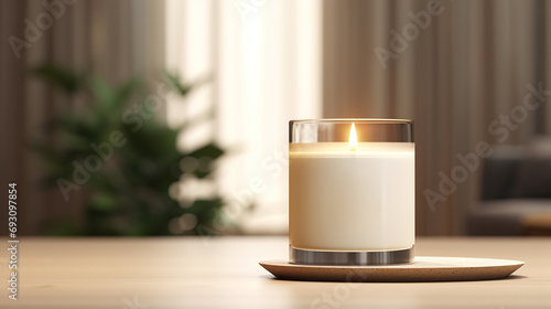 Generative AI, candle with label mockup. Aesthetic minimalistic composition blank, textile. Comfort, spa, relax and wellness concept.	
 photo