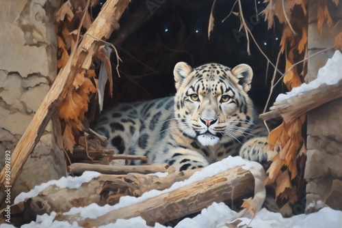 snow leopard resting in a snowy hollow photo