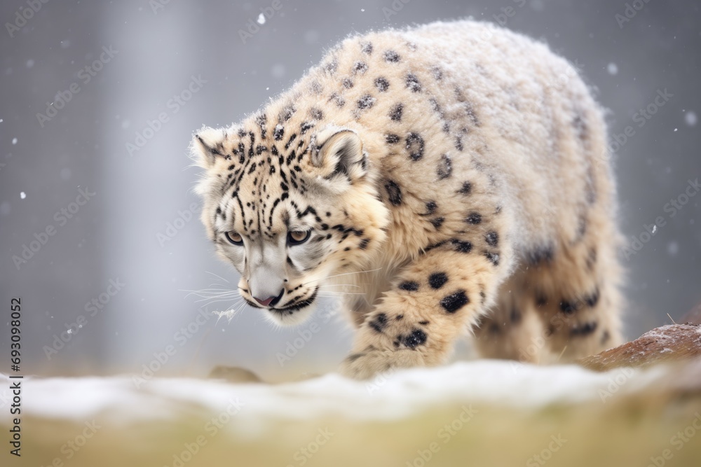 Naklejka premium snow leopard with thick fur in blizzard conditions