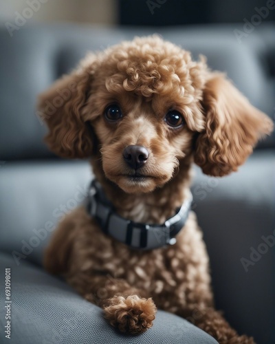 portrait of a toy poodle sitting on a cosy and comfortable grey sofa 
