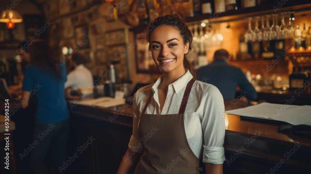 Cheerful young waitress wearing apron laughing looking at camera, happy businesswoman small business owner of girl entrepreneur cafe employee posing in restaurant coffee shop interior Cheerful young waitress wearing apron laughing looking at camera, happy businesswoman small business owner of girl entrepreneur cafe employee posing in restaurant coffee shop interior