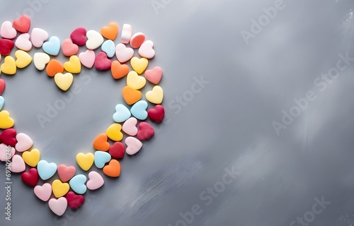Wallpaper Mural colorful pastel heart shape candies on grey snowy background top view Torontodigital.ca