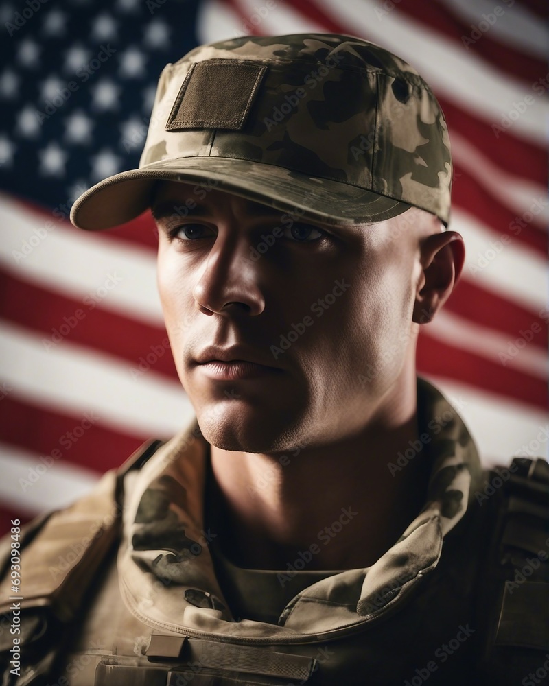 Portrait of an American soldier, with the flag of the United States of America blurred in the background
Portrait of an American soldier, with the flag of the United States of America blurred in the background
