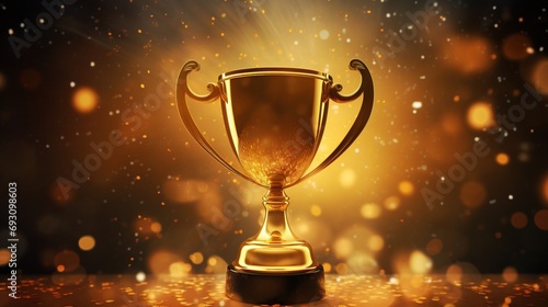 Golden winner trophy or championship cup with blurred golden light. Created with Generative AI