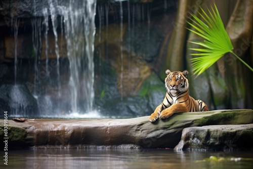 sumatran tiger resting by a serene jungle waterfall photo