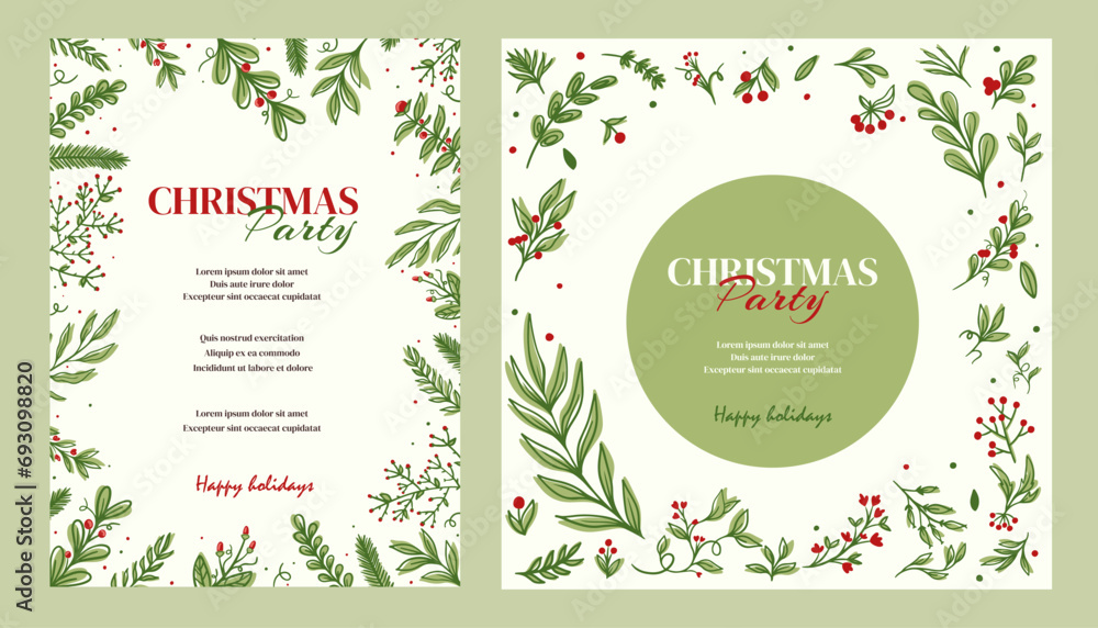 Christmas party invitation poster background in trendy flat style. Merry and Bright Corporate Holiday cards. Universal abstract creative artistic templates