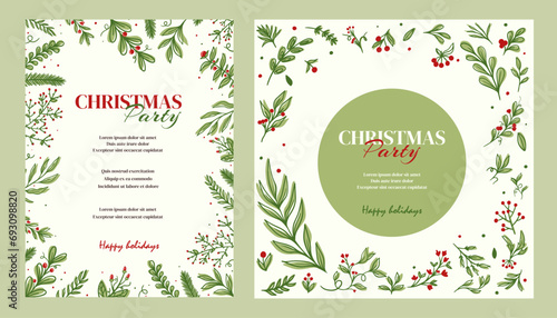 Christmas party invitation poster background in trendy flat style. Merry and Bright Corporate Holiday cards. Universal abstract creative artistic templates