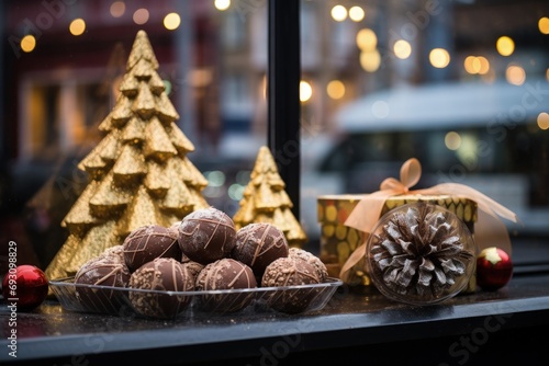 Chocolate shop window with Christmas decoration, christmas sweets, Generative AI