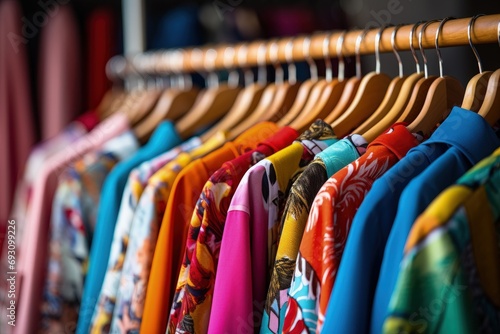 Colorful clothes hanging on the rack, clothes on the hangers seen close up, Generative AI