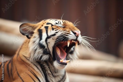 sumatran tiger yawning, showcasing sharp teeth © primopiano
