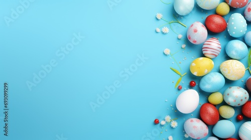 Colorful easter eggs on blue background with copy space, Generative AI