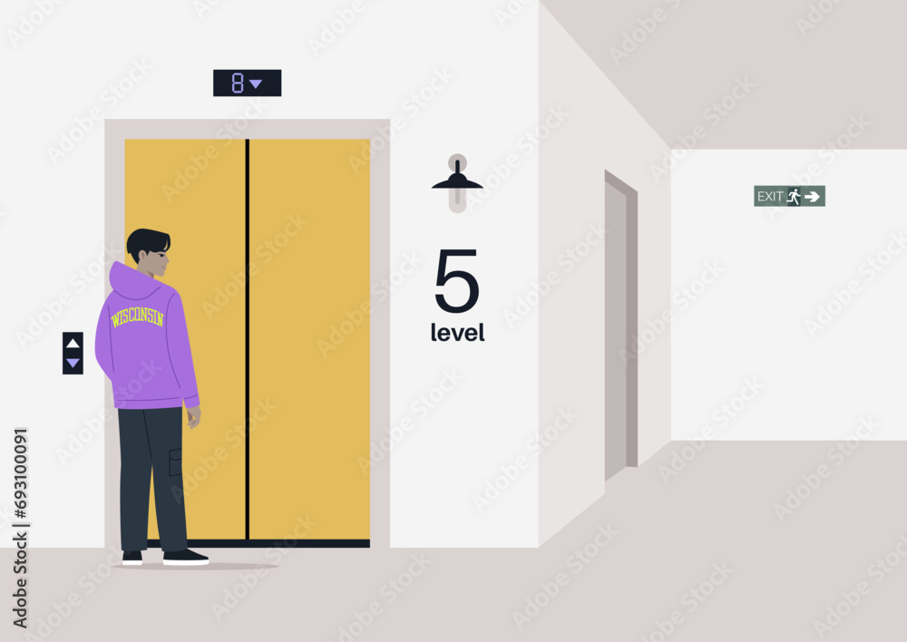 A young character waits for an elevator, standing before the closed doors and checking the display A young character waits for an elevator, standing before the closed doors and checking the display