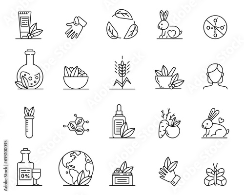 Organic cosmetics icons. No animal tested, natural icons vector set. Eco friendly cruelty free line badges for beauty products photo