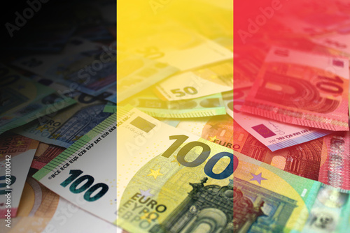 Euro banknotes colored in the colors of the flag of Belgium. Gradient overlay of the Belgian flag on the euro notes.