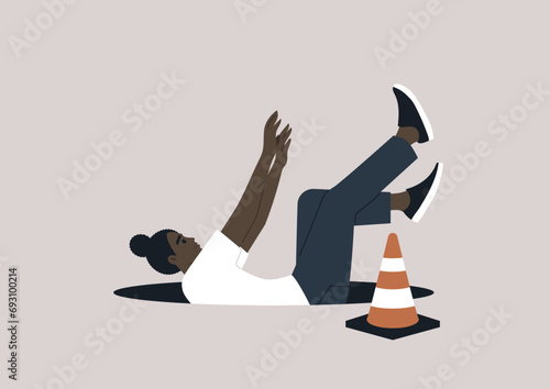 A young character disregarding an orange cone and falling into an open manhole, a cautionary image about ignoring warning signs