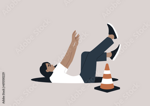 A young character disregarding an orange cone and falling into an open manhole, a cautionary image about ignoring warning signs