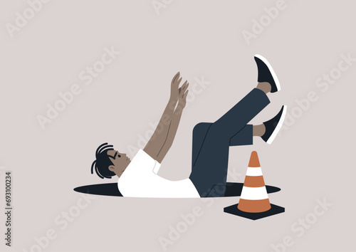 A young character disregarding an orange cone and falling into an open manhole  a cautionary image about ignoring warning signs