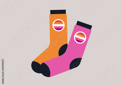 Lesbian pride flag socks for females who are attracted to other women romantically, sexually, or both