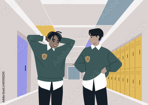 A shy student flirting with their crush during the break, both wearing university uniforms, in a school corridor lined with lockers and doorways leading to classrooms